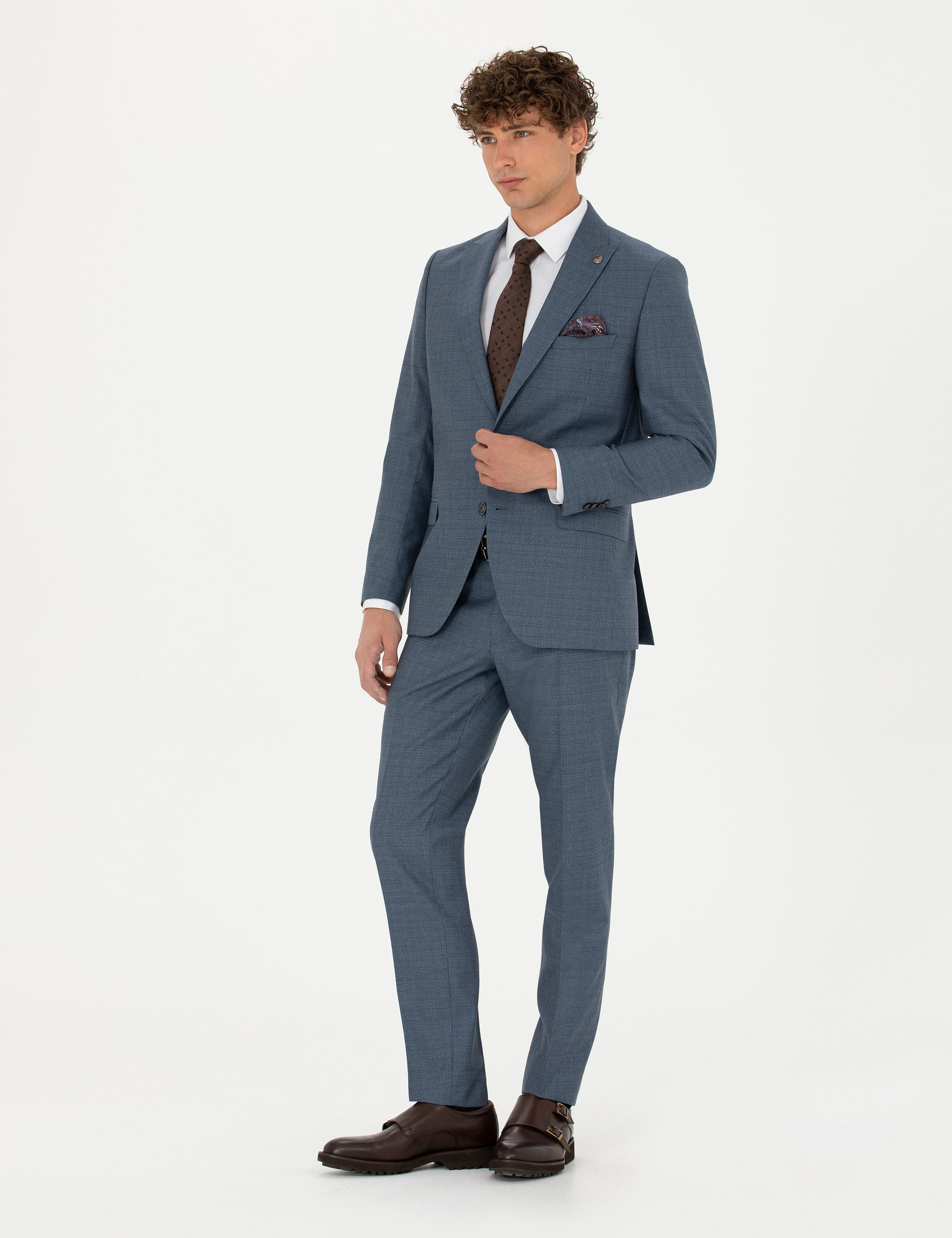 %100 Yün Koyu Mavi Ekstra Slim Fit Takım Elbise - Image 3