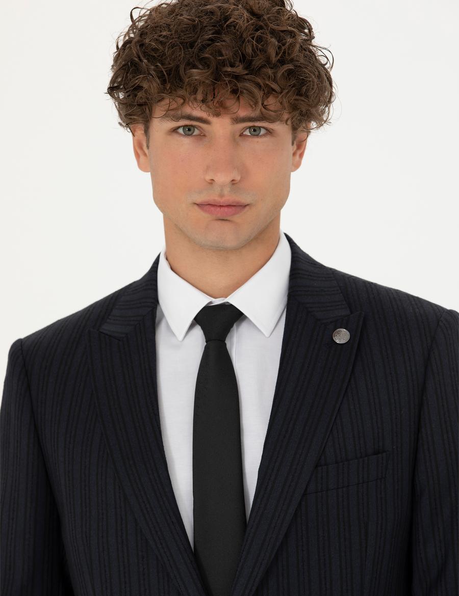 %100 Yün Siyah Dokuma Çizgili Takım Elbise