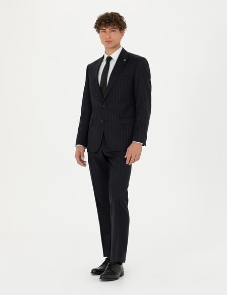 %100 Yün Siyah Dokuma Çizgili Takım Elbise - 50273454008
