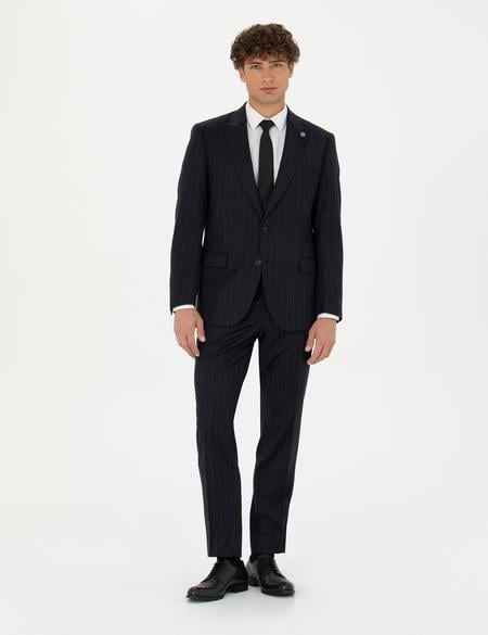 %100 Yün Siyah Dokuma Çizgili Takım Elbise - 50273454008