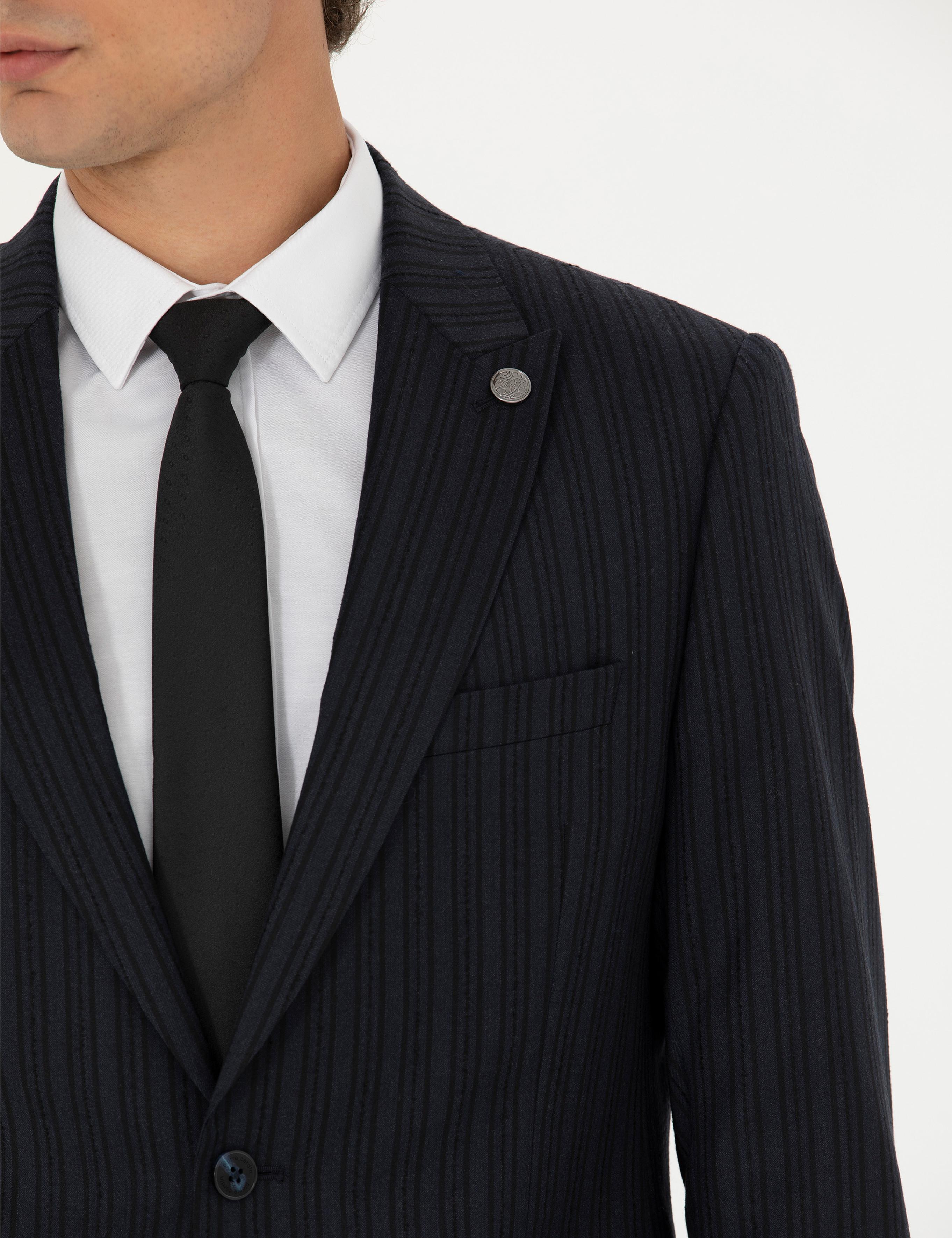 %100 Yün Siyah Dokuma Çizgili Takım Elbise