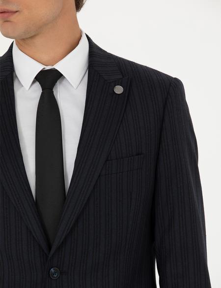 %100 Yün Siyah Dokuma Çizgili Takım Elbise - 50273454008