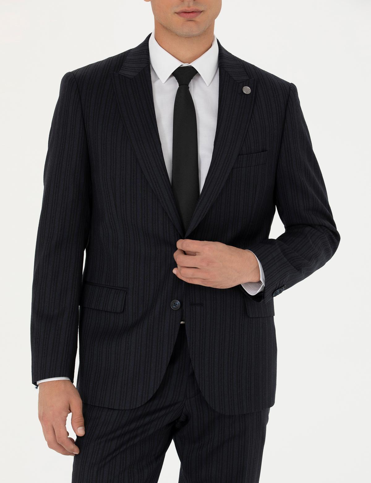 %100 Yün Siyah Dokuma Çizgili Takım Elbise - 50273454008