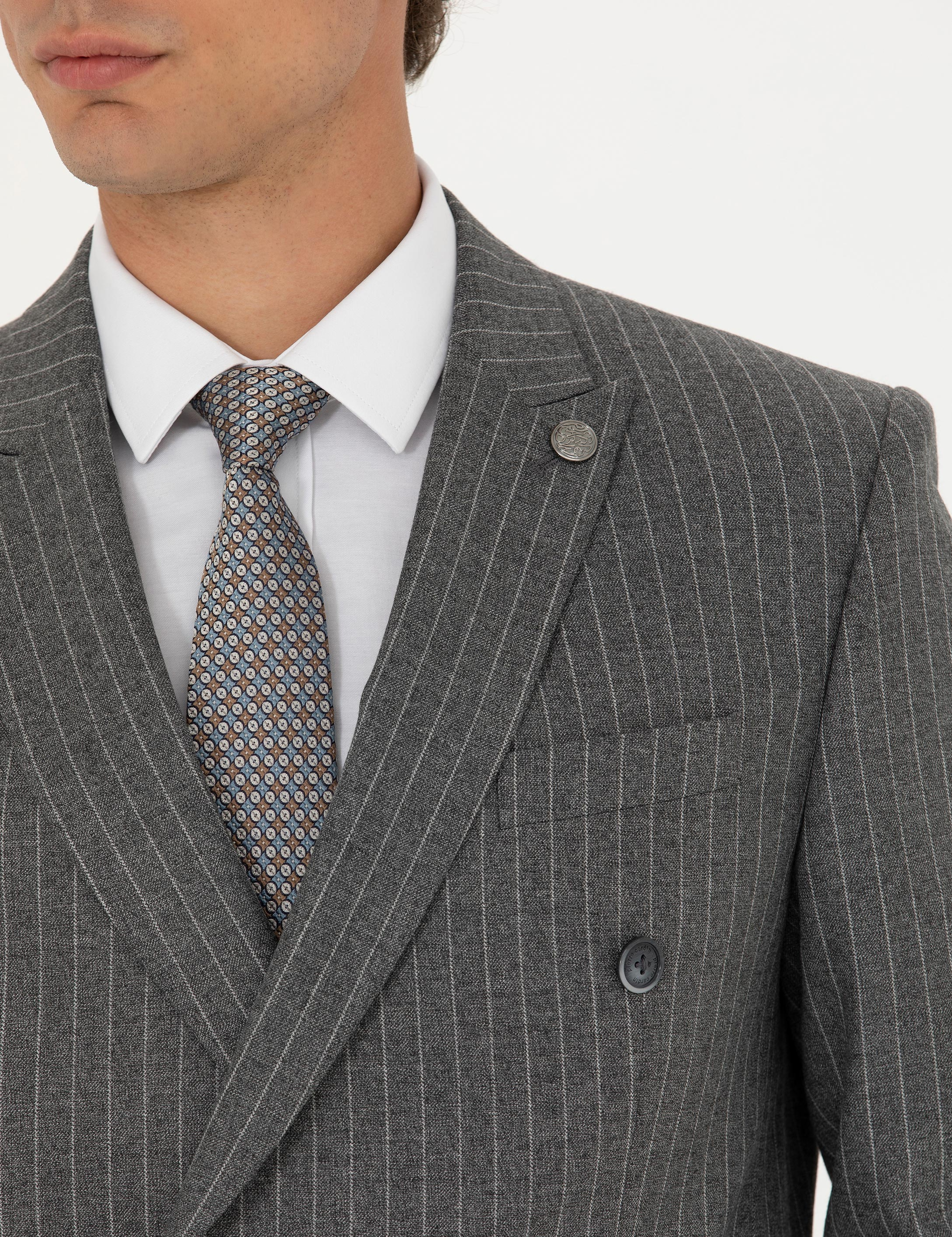 Kruvaze Çizgili Füme Ekstra Slim Fit Takım Elbise