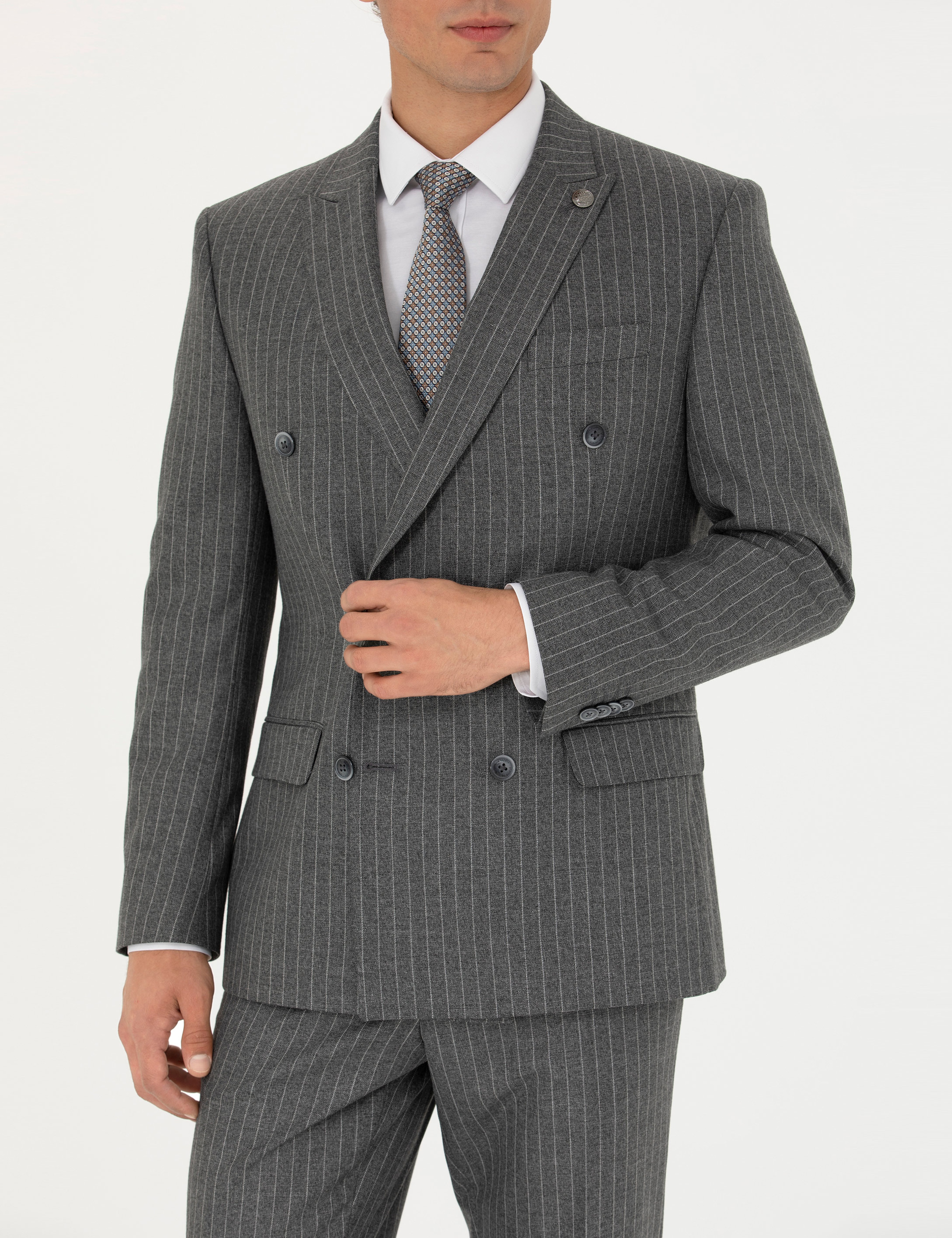 Kruvaze Çizgili Füme Ekstra Slim Fit Takım Elbise