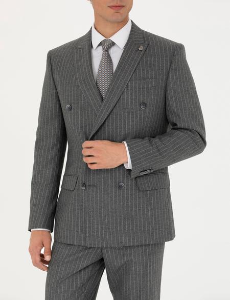 Kruvaze Çizgili Füme Ekstra Slim Fit Takım Elbise - 50278192044