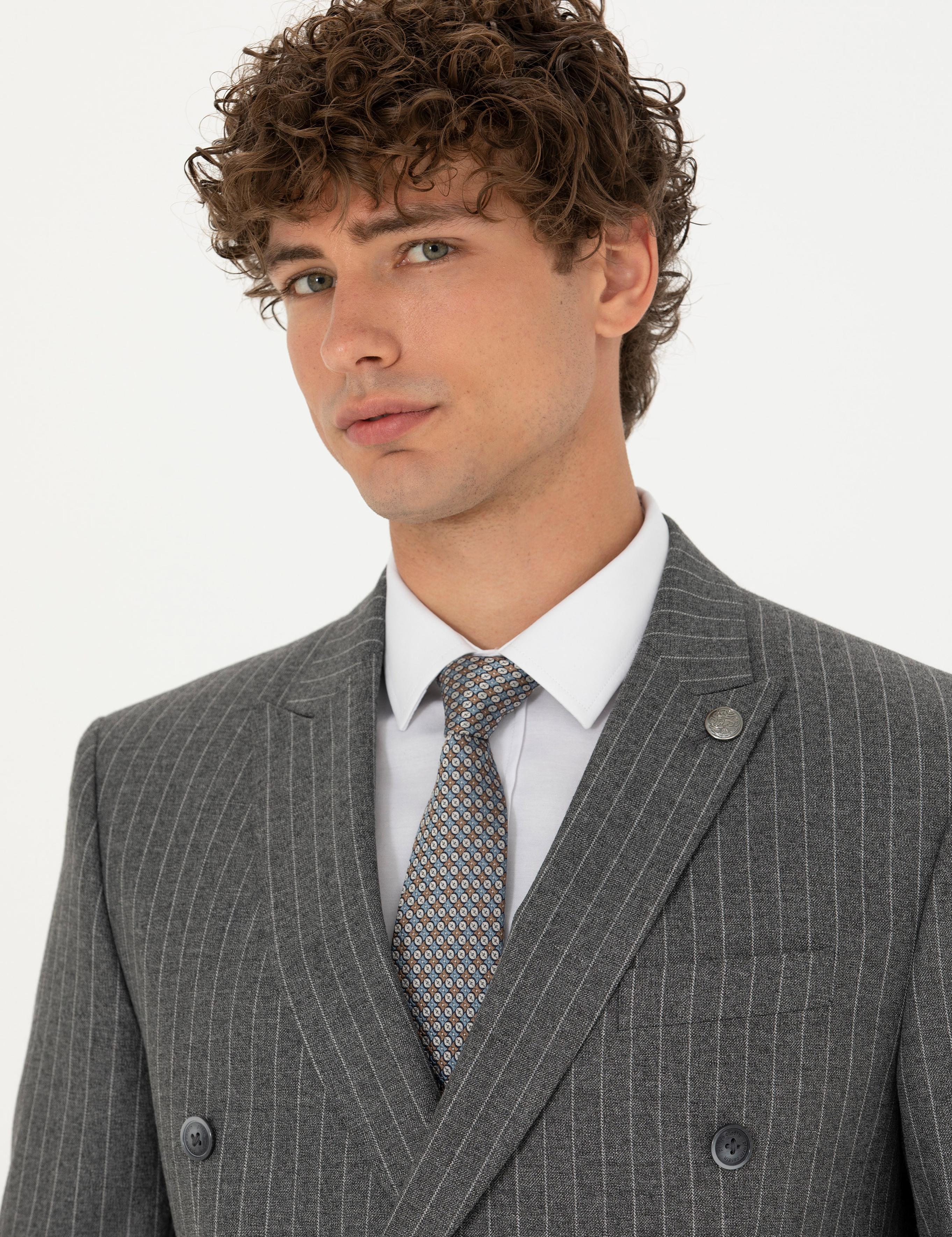 Kruvaze Çizgili Füme Ekstra Slim Fit Takım Elbise