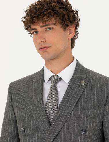 Kruvaze Çizgili Füme Ekstra Slim Fit Takım Elbise