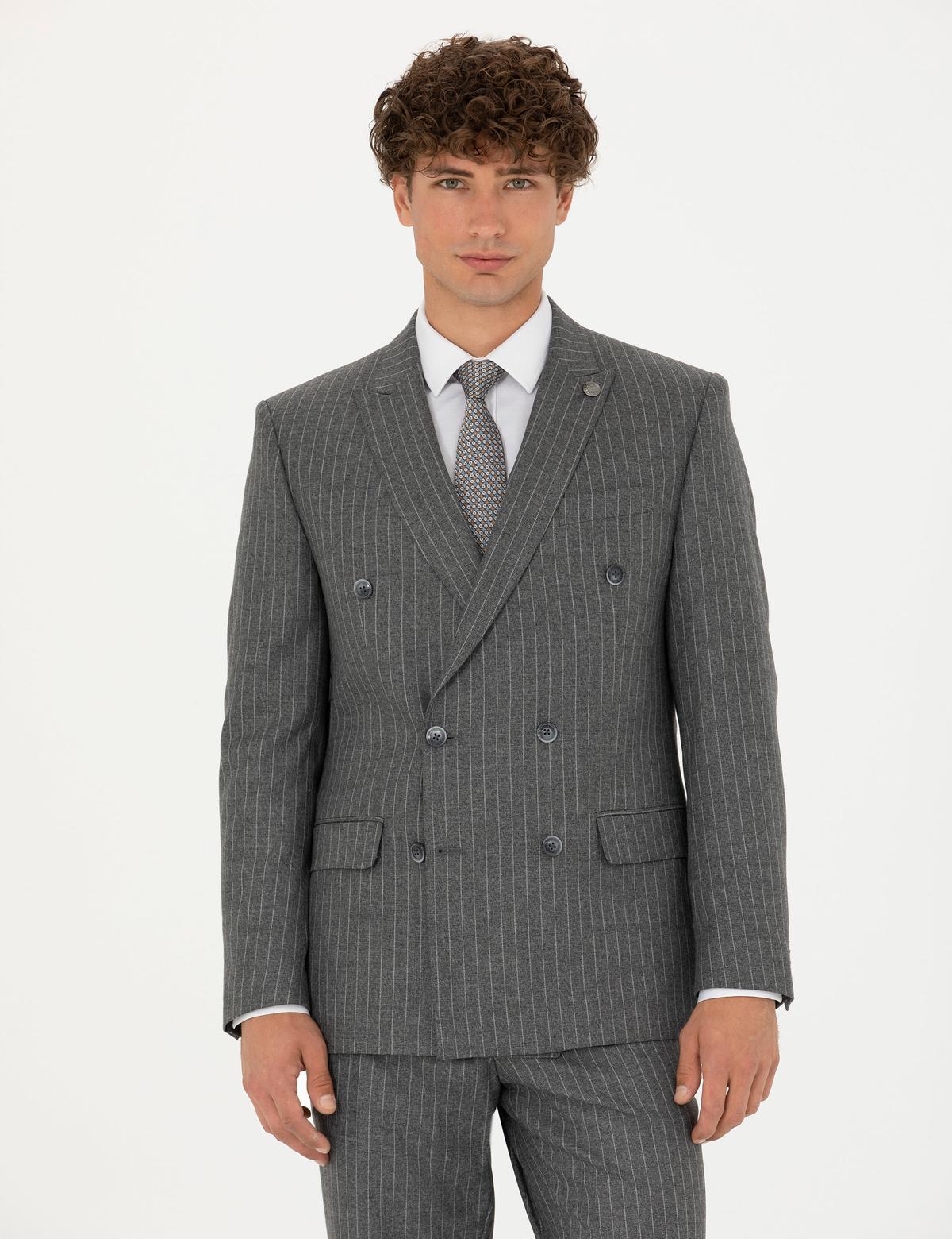 Kruvaze Çizgili Füme Ekstra Slim Fit Takım Elbise - 50278192044