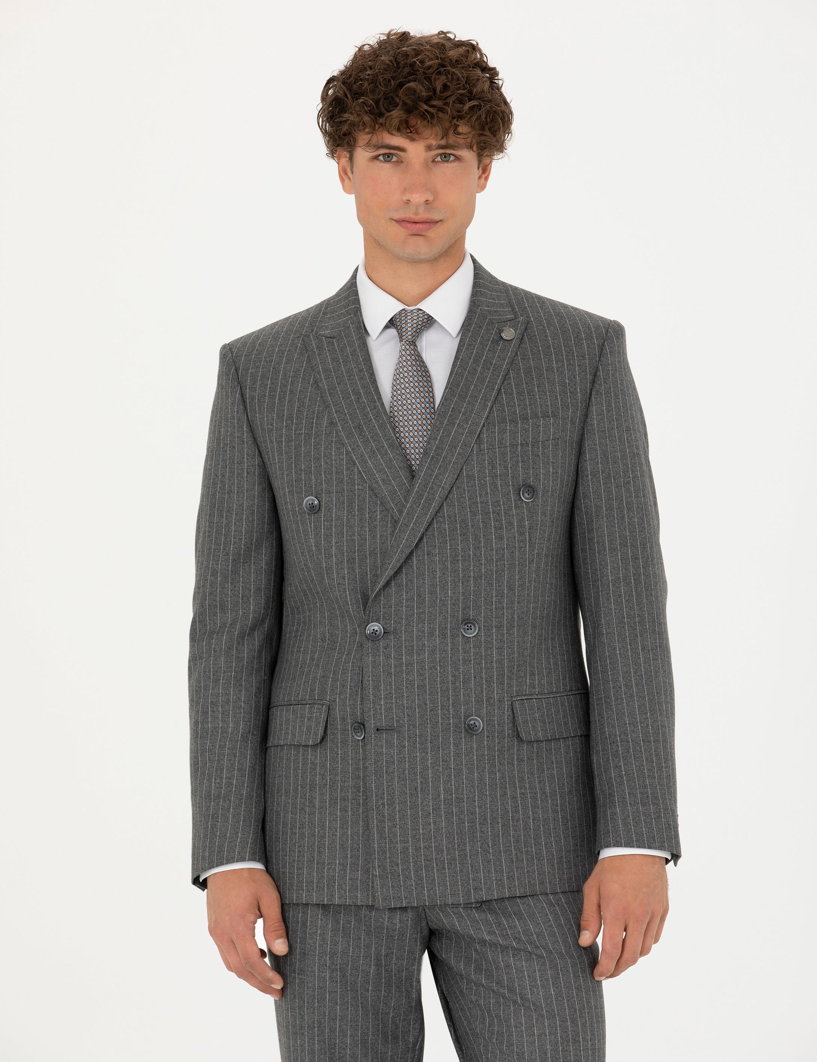 Kruvaze Çizgili Füme Ekstra Slim Fit Takım Elbise