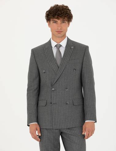 Kruvaze Çizgili Füme Ekstra Slim Fit Takım Elbise
