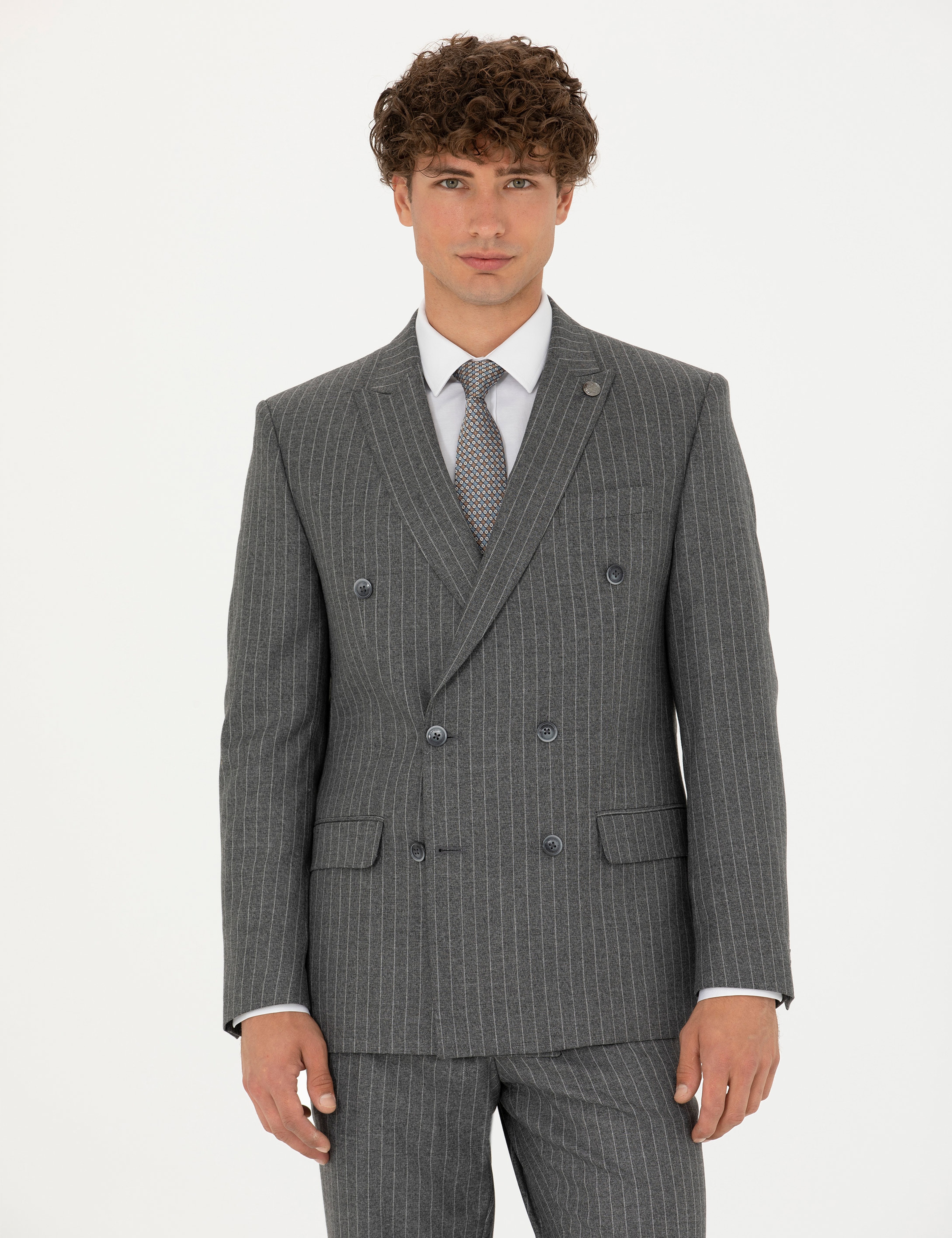 Kruvaze Çizgili Füme Ekstra Slim Fit Takım Elbise