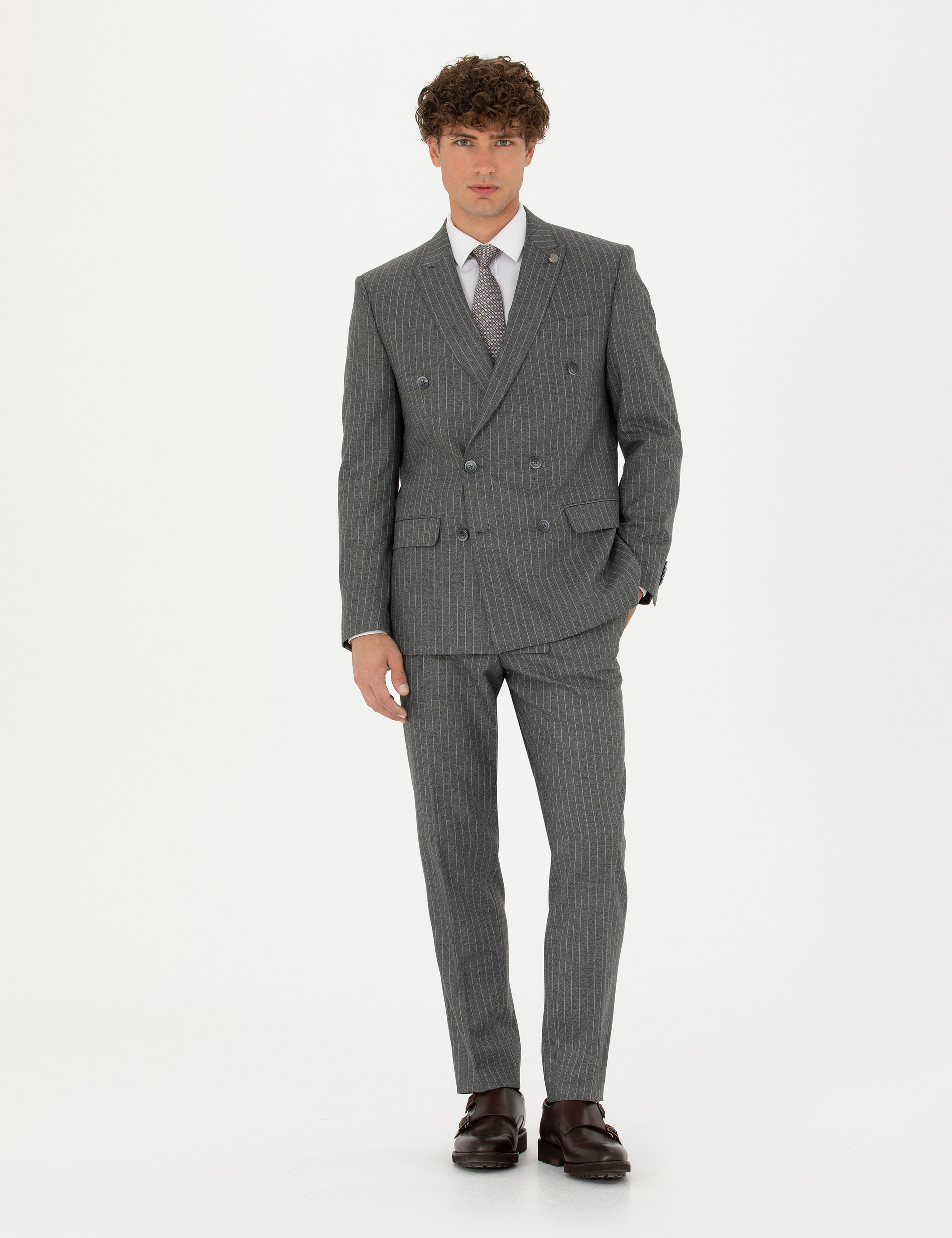Kruvaze Çizgili Füme Ekstra Slim Fit Takım Elbise
