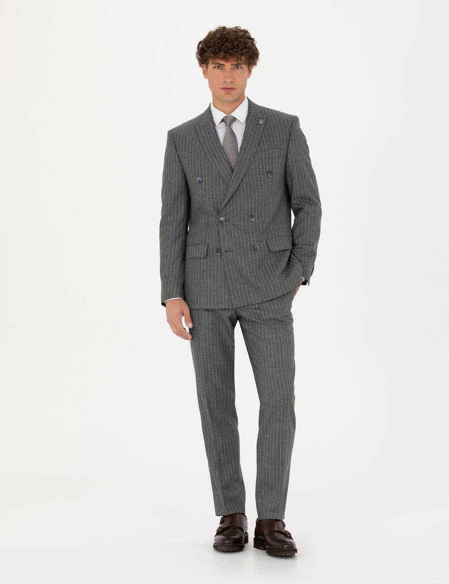 Kruvaze Çizgili Füme Ekstra Slim Fit Takım Elbise