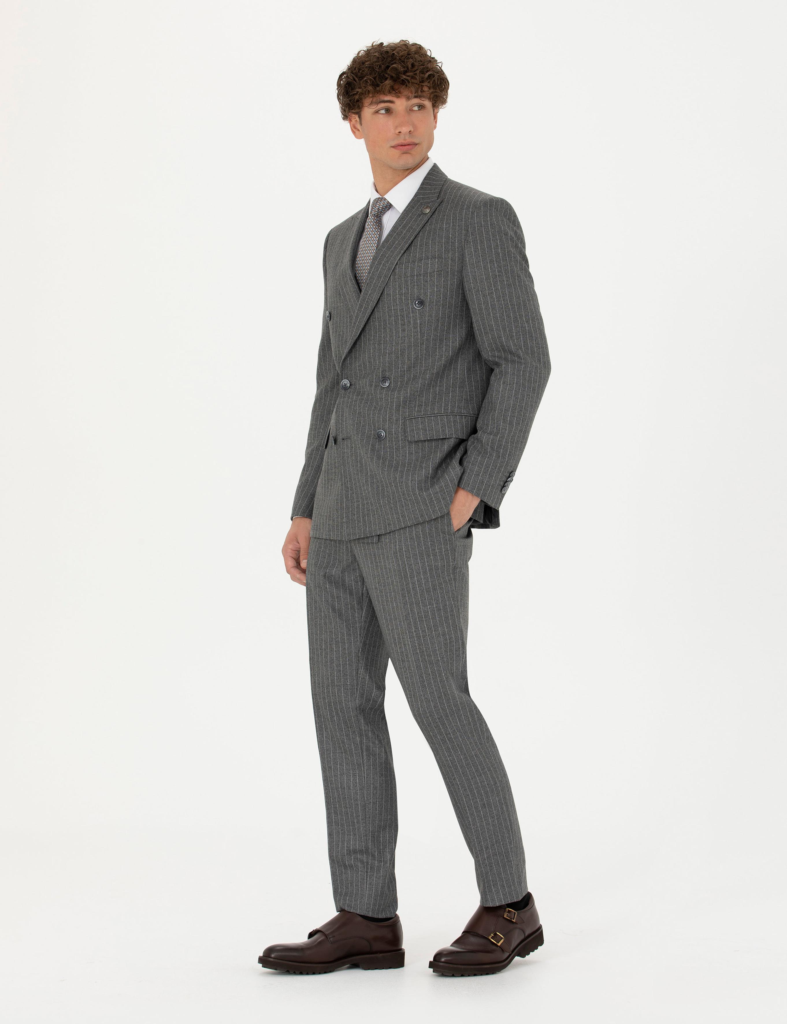 Kruvaze Çizgili Füme Ekstra Slim Fit Takım Elbise