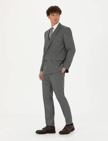 Kruvaze Çizgili Füme Ekstra Slim Fit Takım Elbise