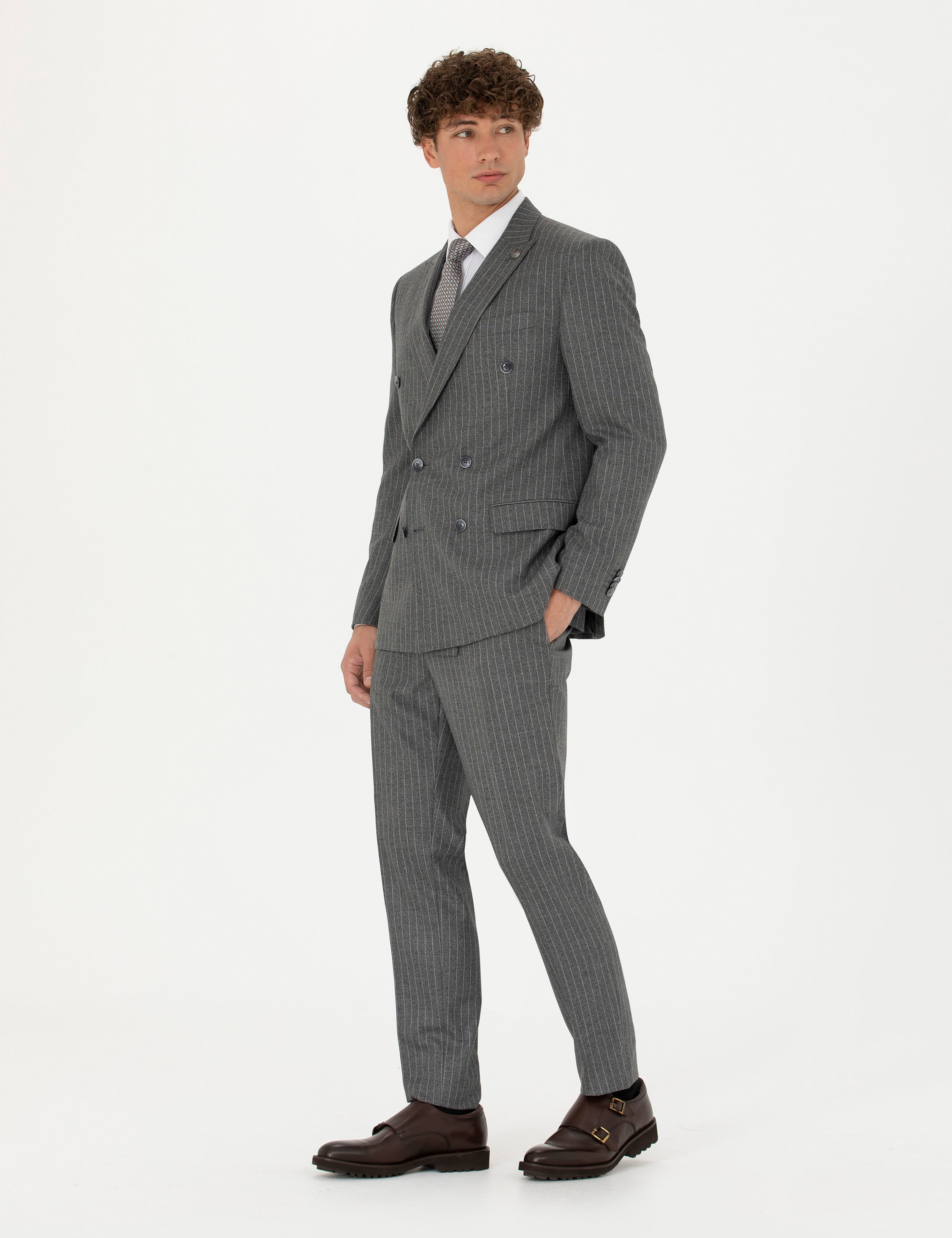 Kruvaze Çizgili Füme Ekstra Slim Fit Takım Elbise - Image 3