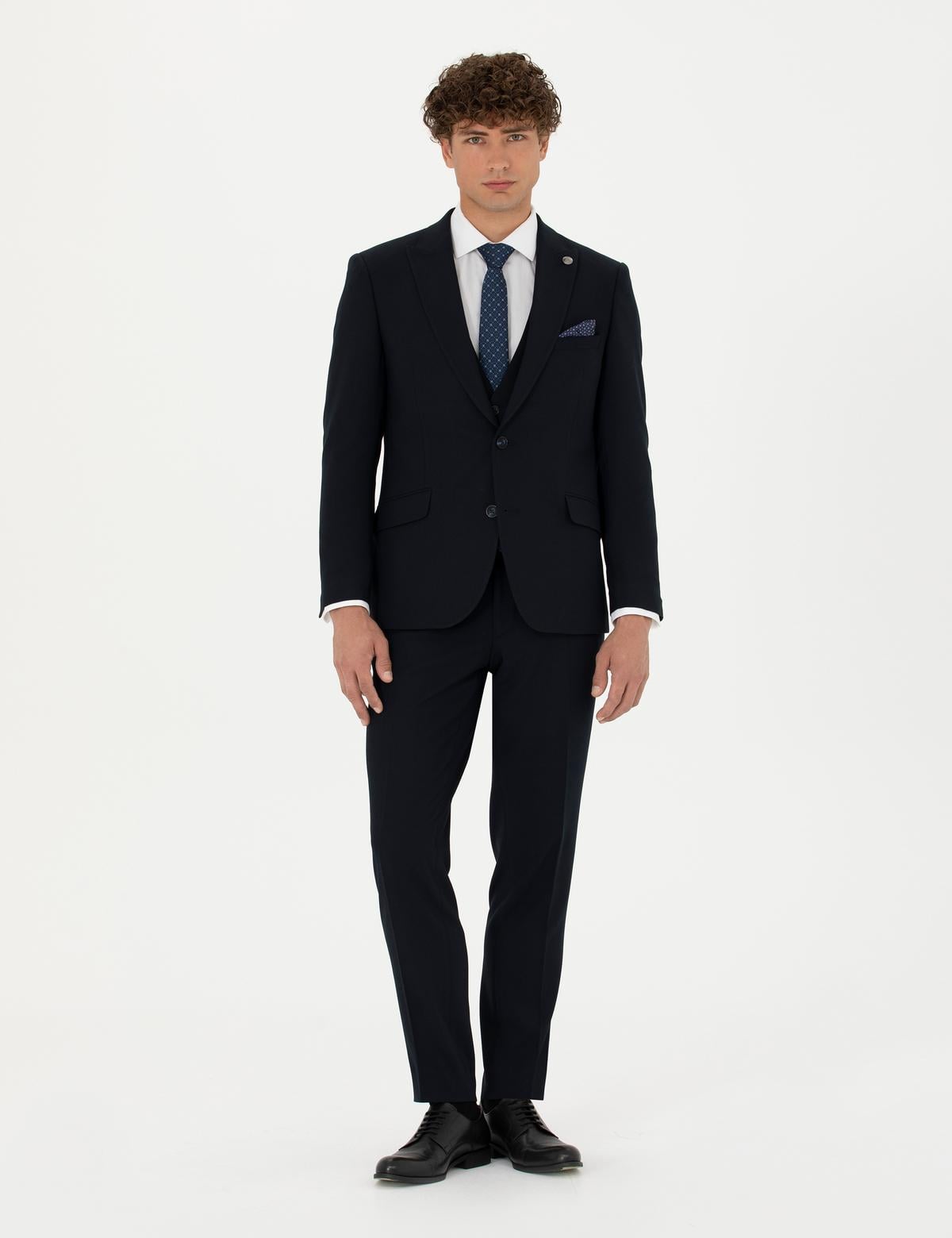 Yelekli Lacivert Ekstra Slim Fit Takım Elbise