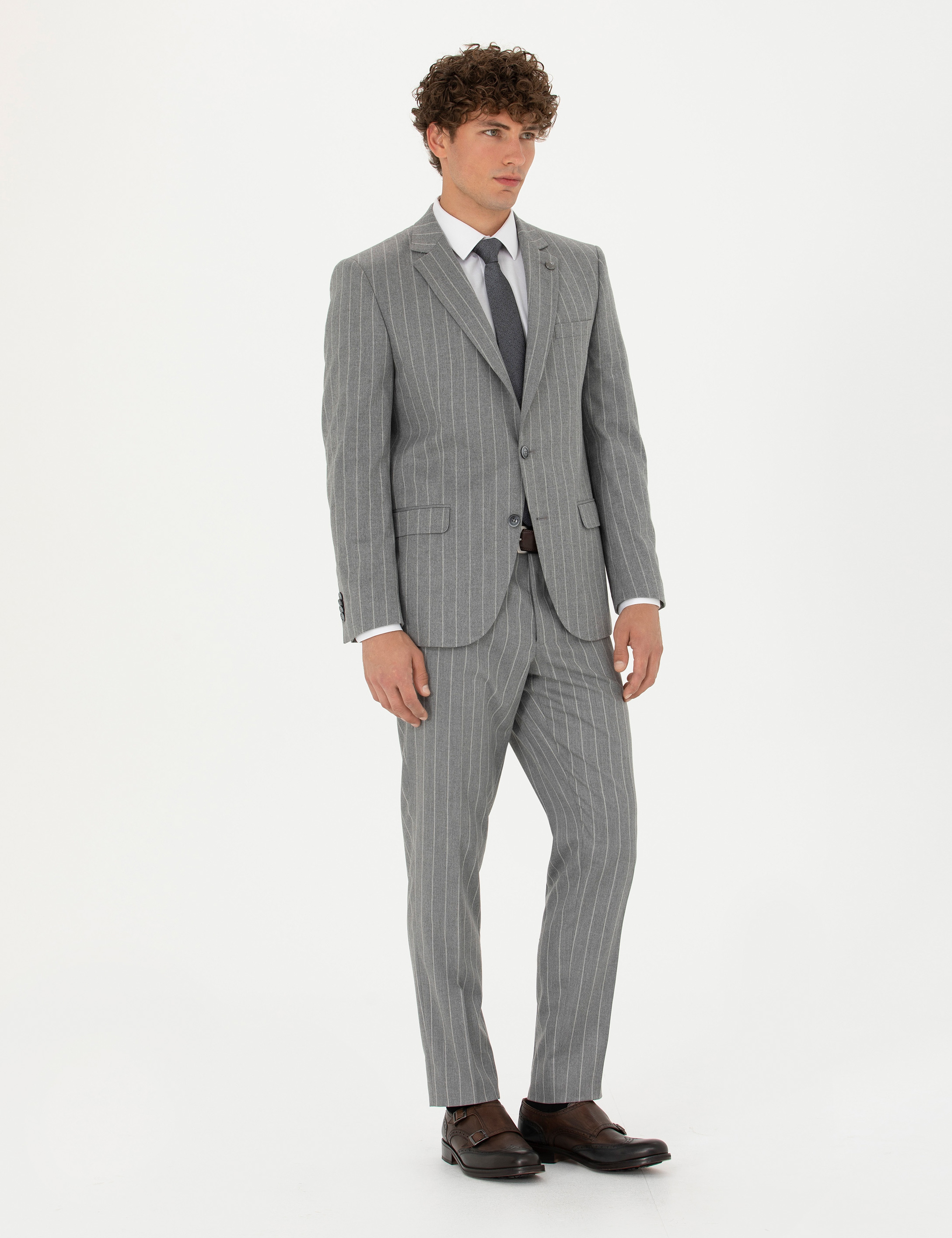 Gri Extra Slim Fit Çizgili Takım Elbise