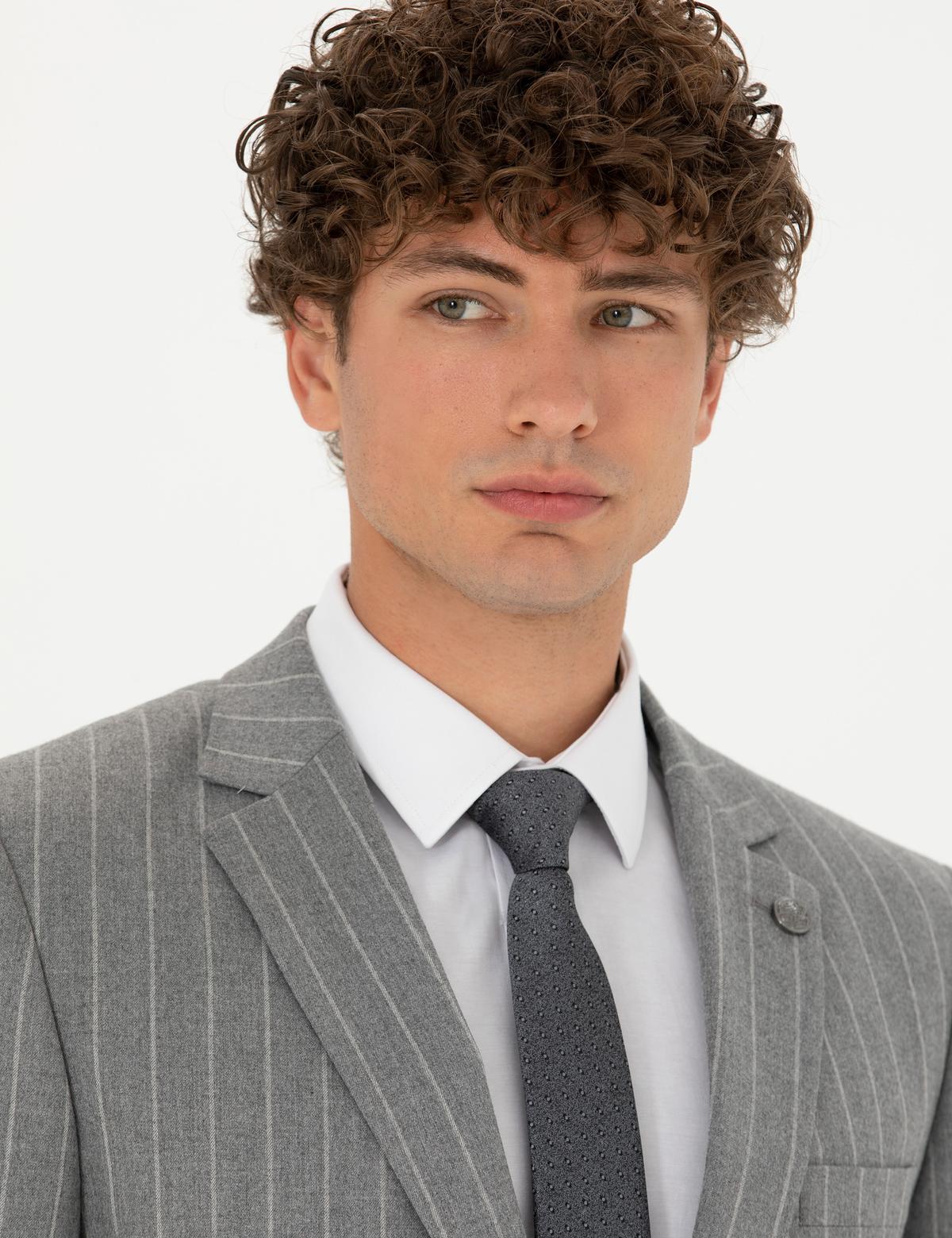 Gri Ex. Slim Fit Çizgili Takım Elbise - 50273543041