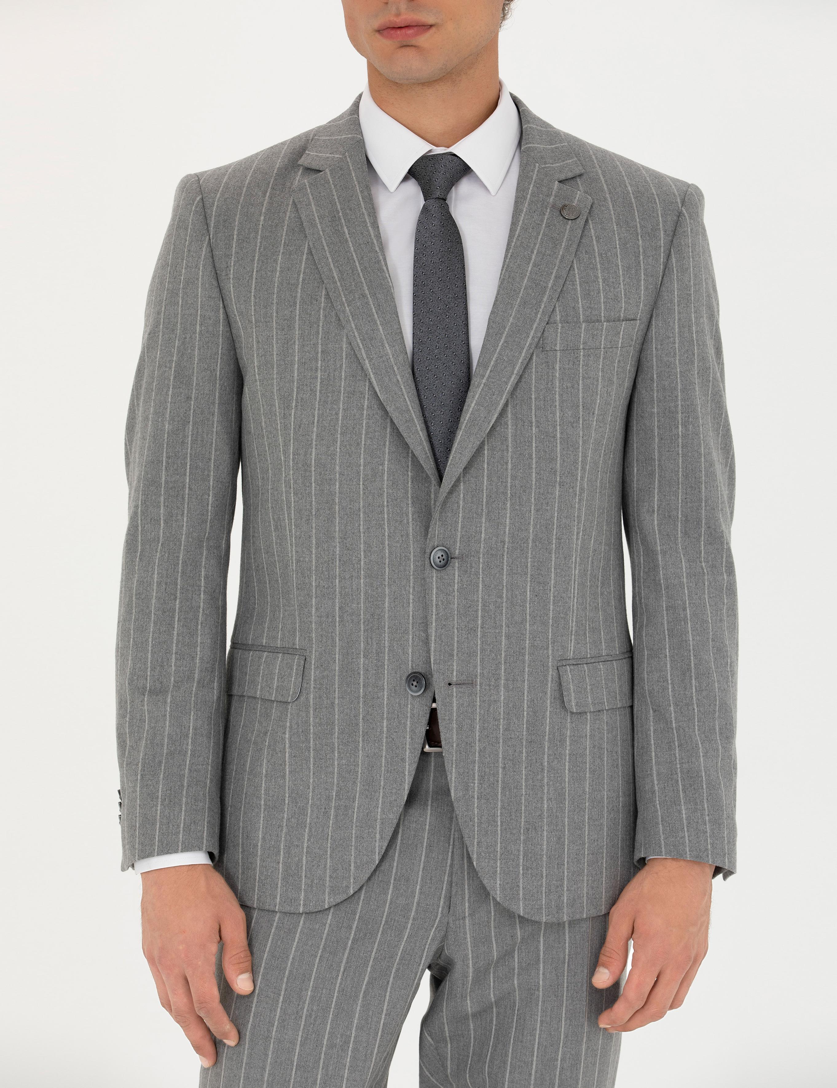 Gri Ex. Slim Fit Çizgili Takım Elbise