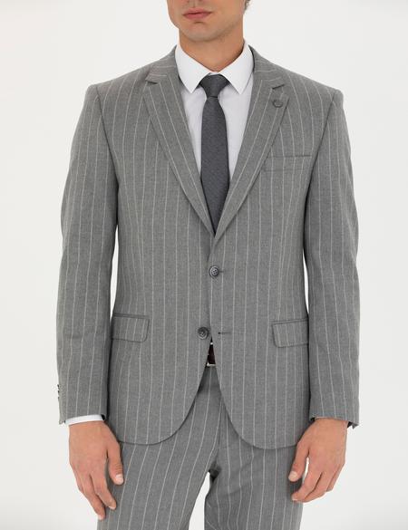 Gri Ex. Slim Fit Çizgili Takım Elbise - 50273543041
