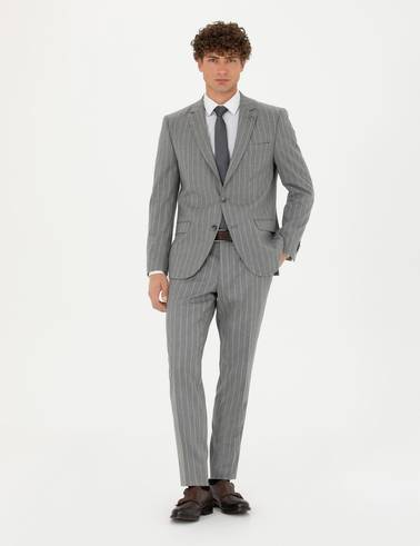 Gri Ex. Slim Fit Çizgili Takım Elbise