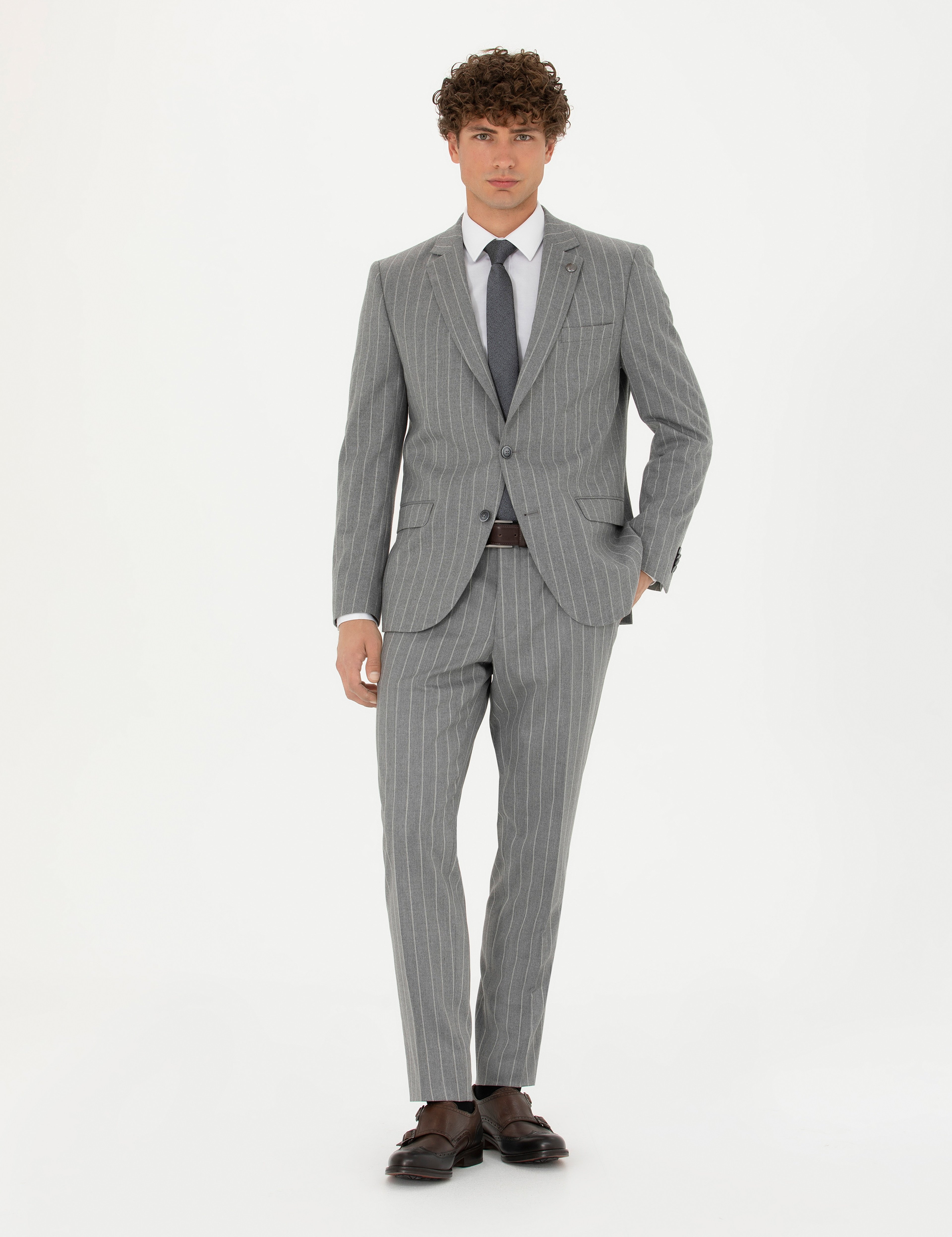 Gri Extra Slim Fit Çizgili Takım Elbise - Image 1