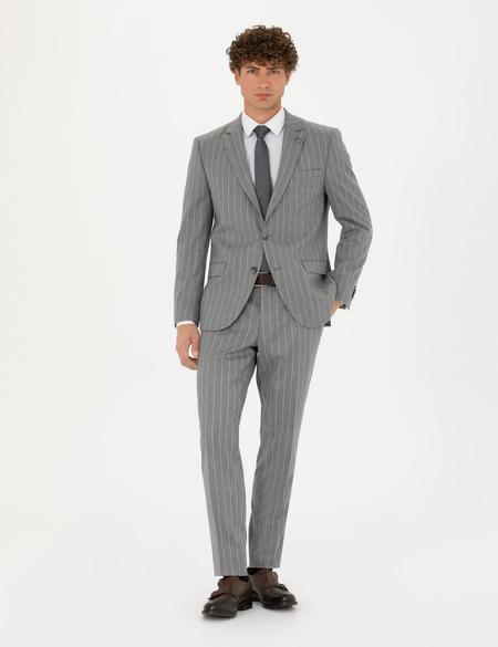 Gri Ex. Slim Fit Çizgili Takım Elbise - 50273543041