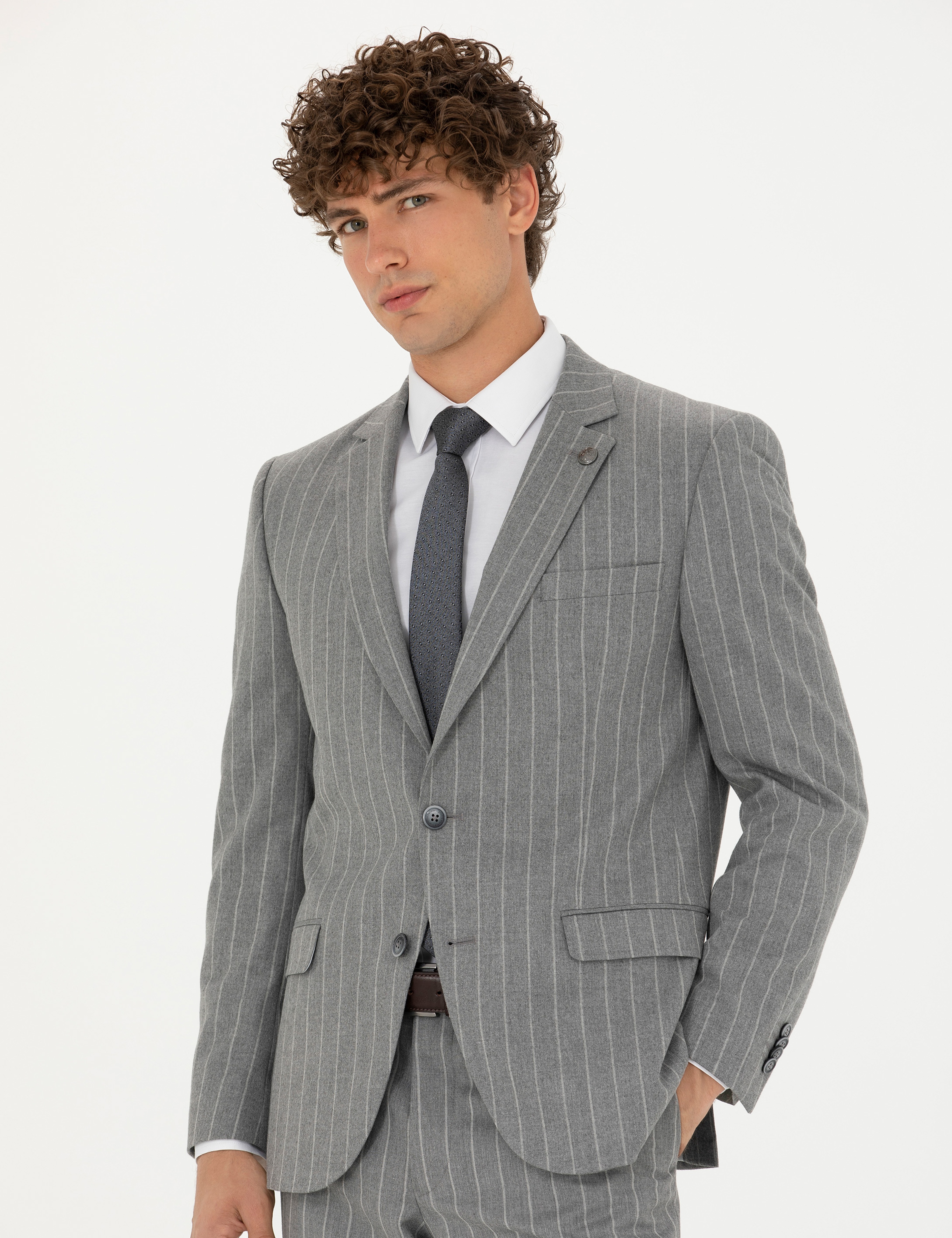 Gri Extra Slim Fit Çizgili Takım Elbise - Image 4