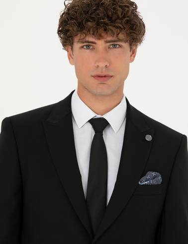 Siyah Slim Fit Yün Karışımlı Takım Elbise