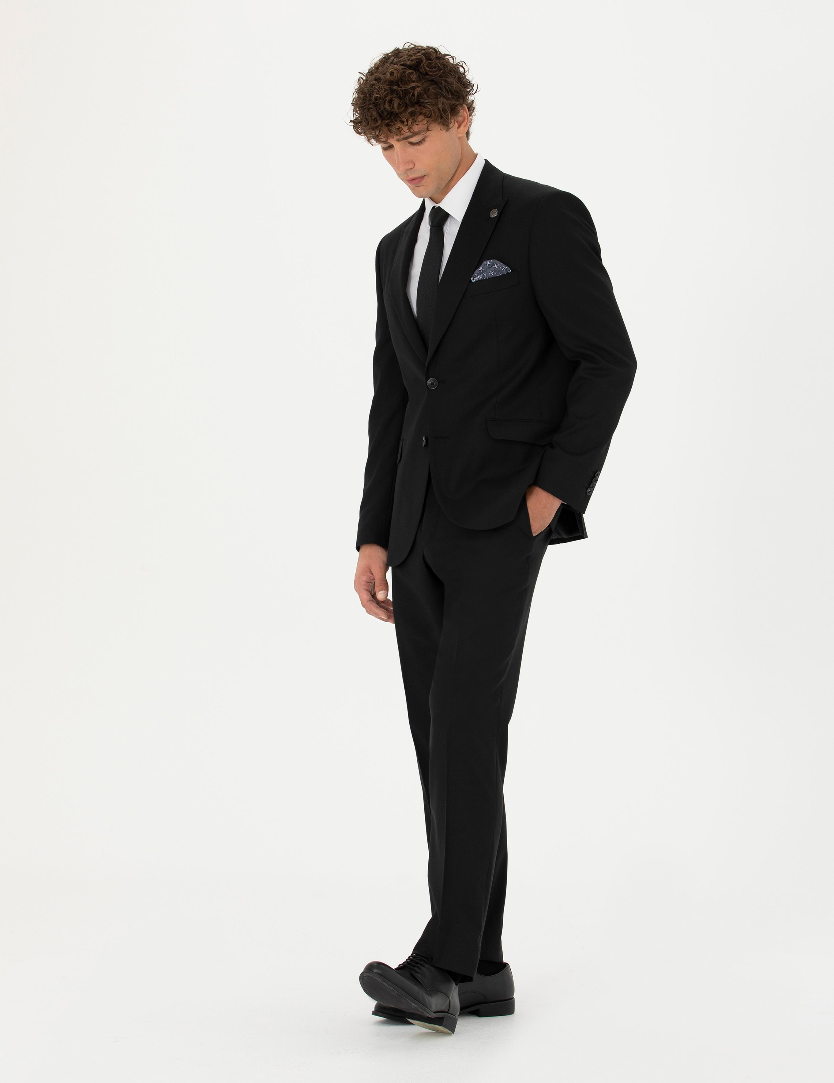 Siyah Slim Fit Yün Karışımlı Takım Elbise