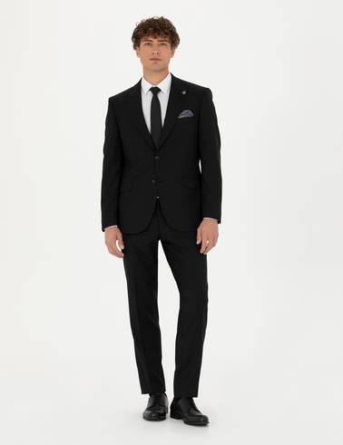 Siyah Slim Fit Yün Karışımlı Takım Elbise