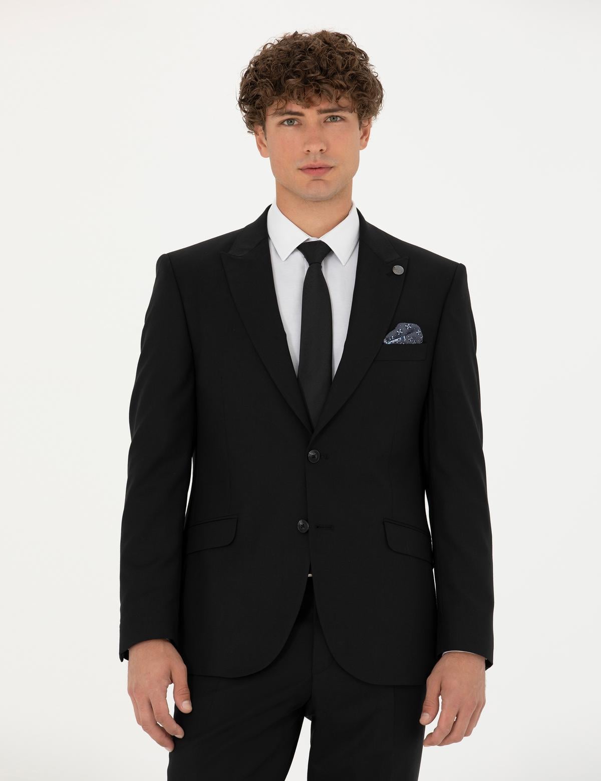 Siyah Slim Fit Yün Karışımlı Takım Elbise - 50273451029