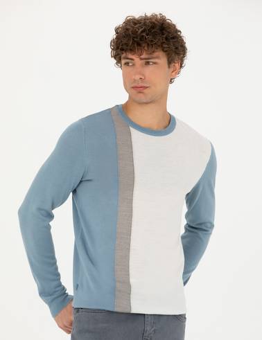 Koyu Mavi Slim Fit Bisiklet Yaka Yün Karışımlı Triko Kazak