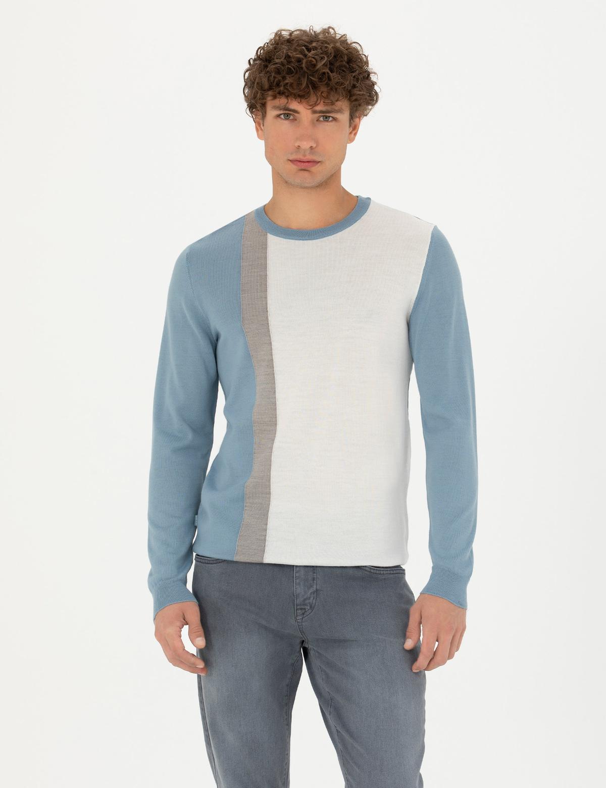 Koyu Mavi Slim Fit Bisiklet Yaka Yün Karışımlı Triko Kazak - 50278089001