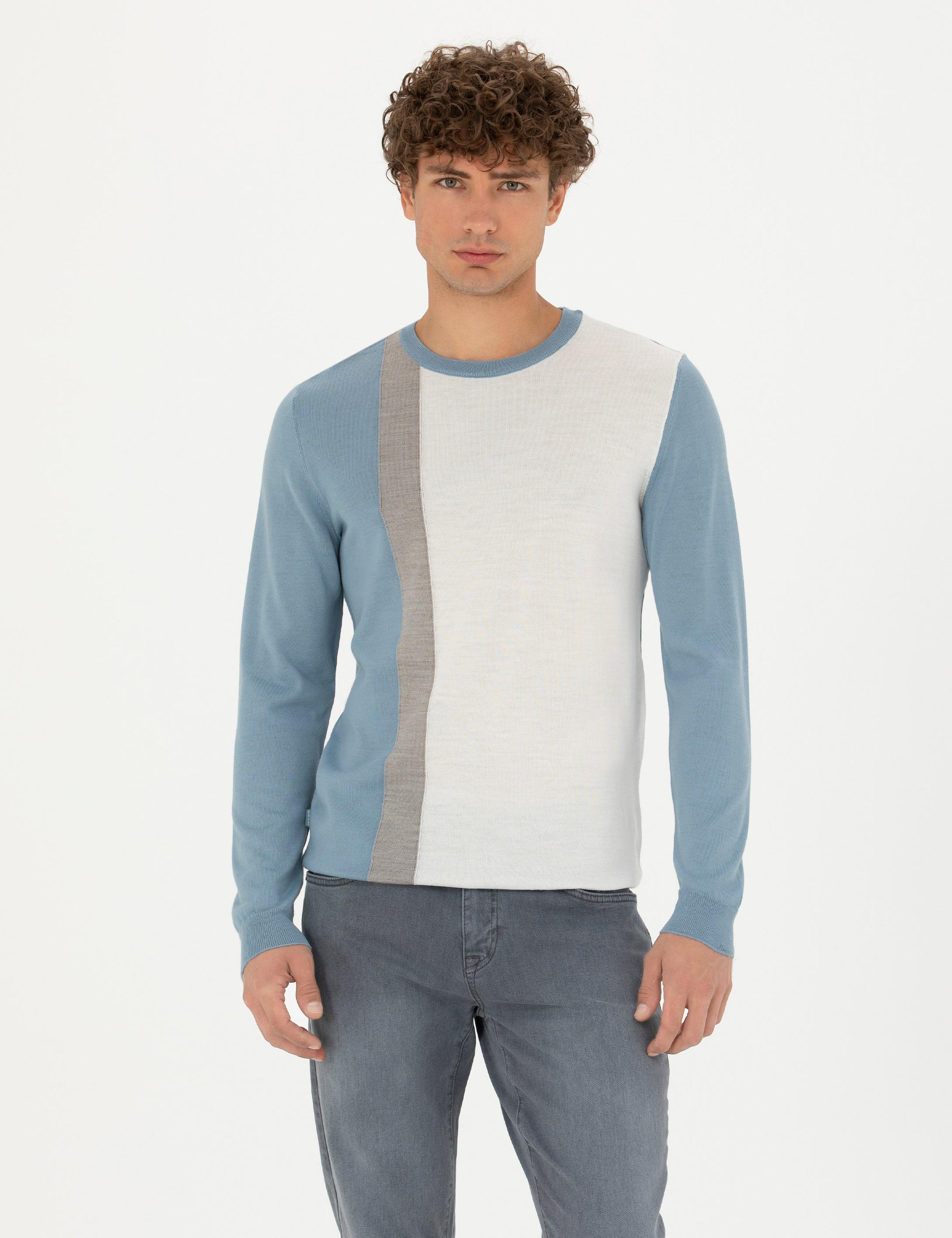 Koyu Mavi Slim Fit Bisiklet Yaka Yün Karışımlı Triko Kazak