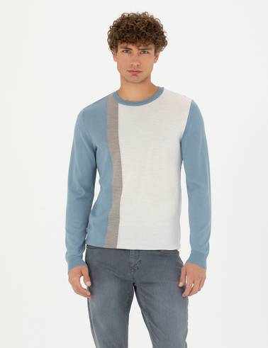 Koyu Mavi Slim Fit Bisiklet Yaka Yün Karışımlı Triko Kazak