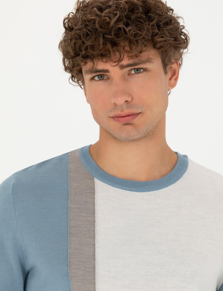 Koyu Mavi Slim Fit Bisiklet Yaka Yün Karışımlı Triko Kazak