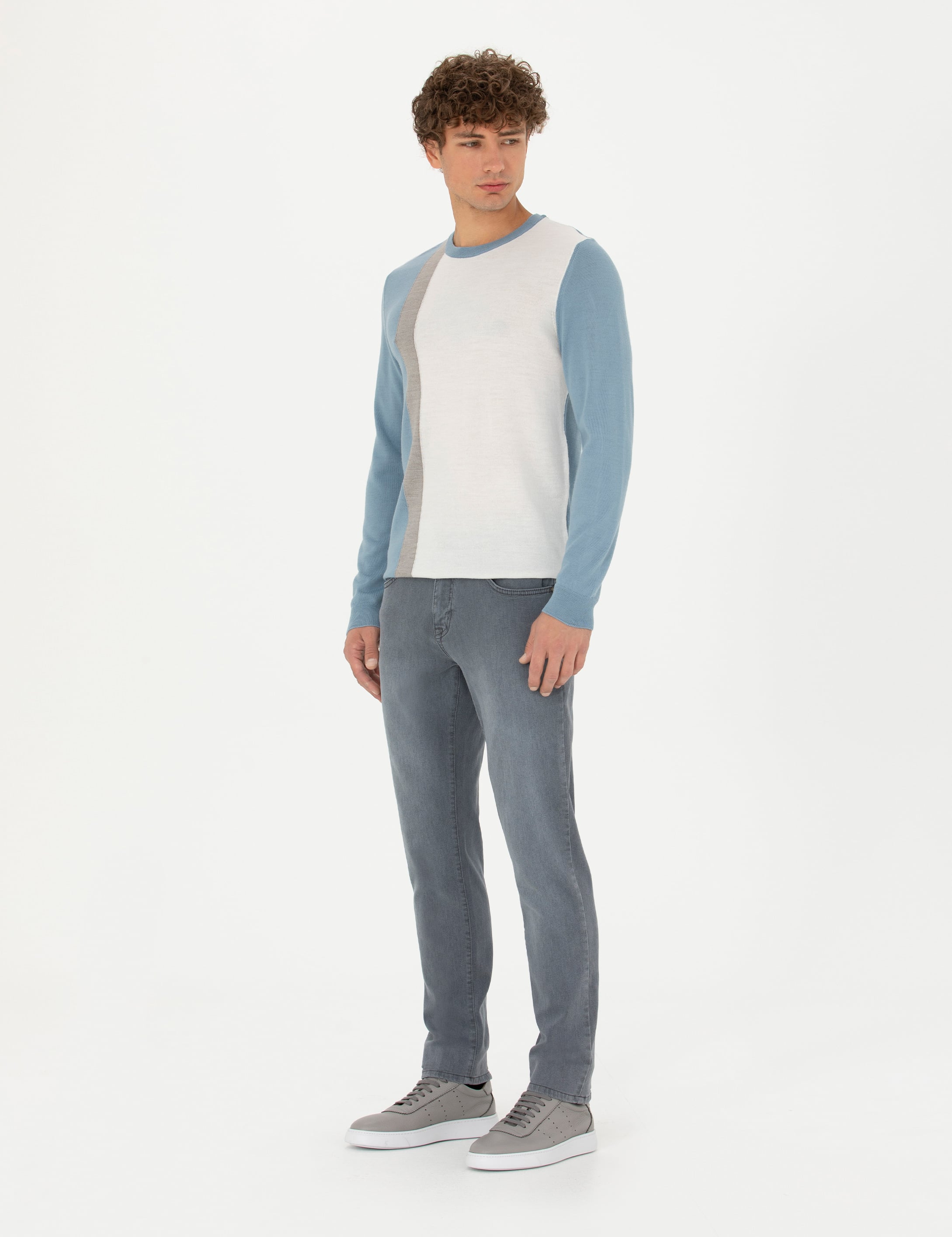 Koyu Mavi Slim Fit Bisiklet Yaka Yün Karışımlı Triko Kazak