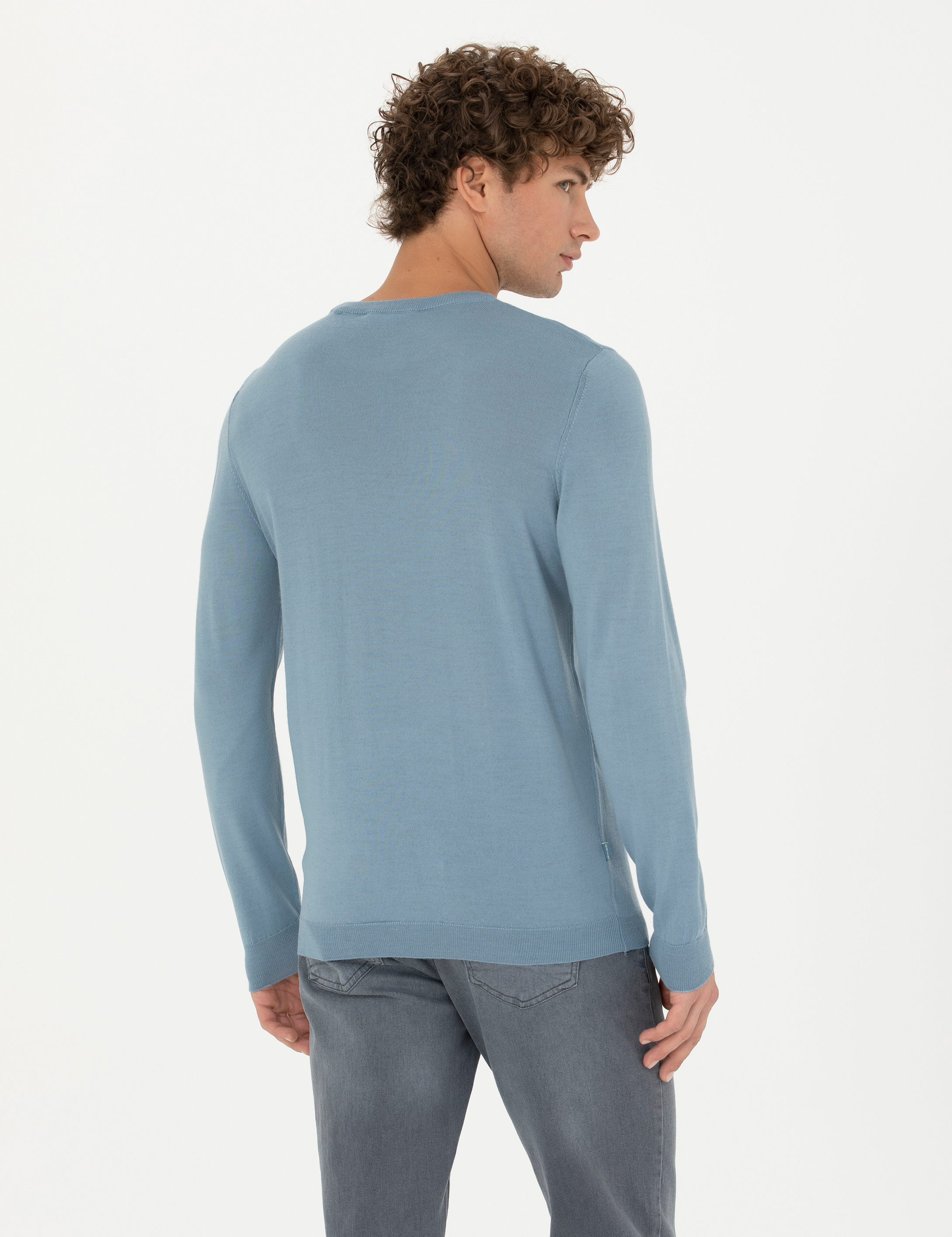 Pierre Cardin Koyu Mavi Slim Fit Bisiklet Yaka Yün Karışımlı Triko Kazak görsel 5