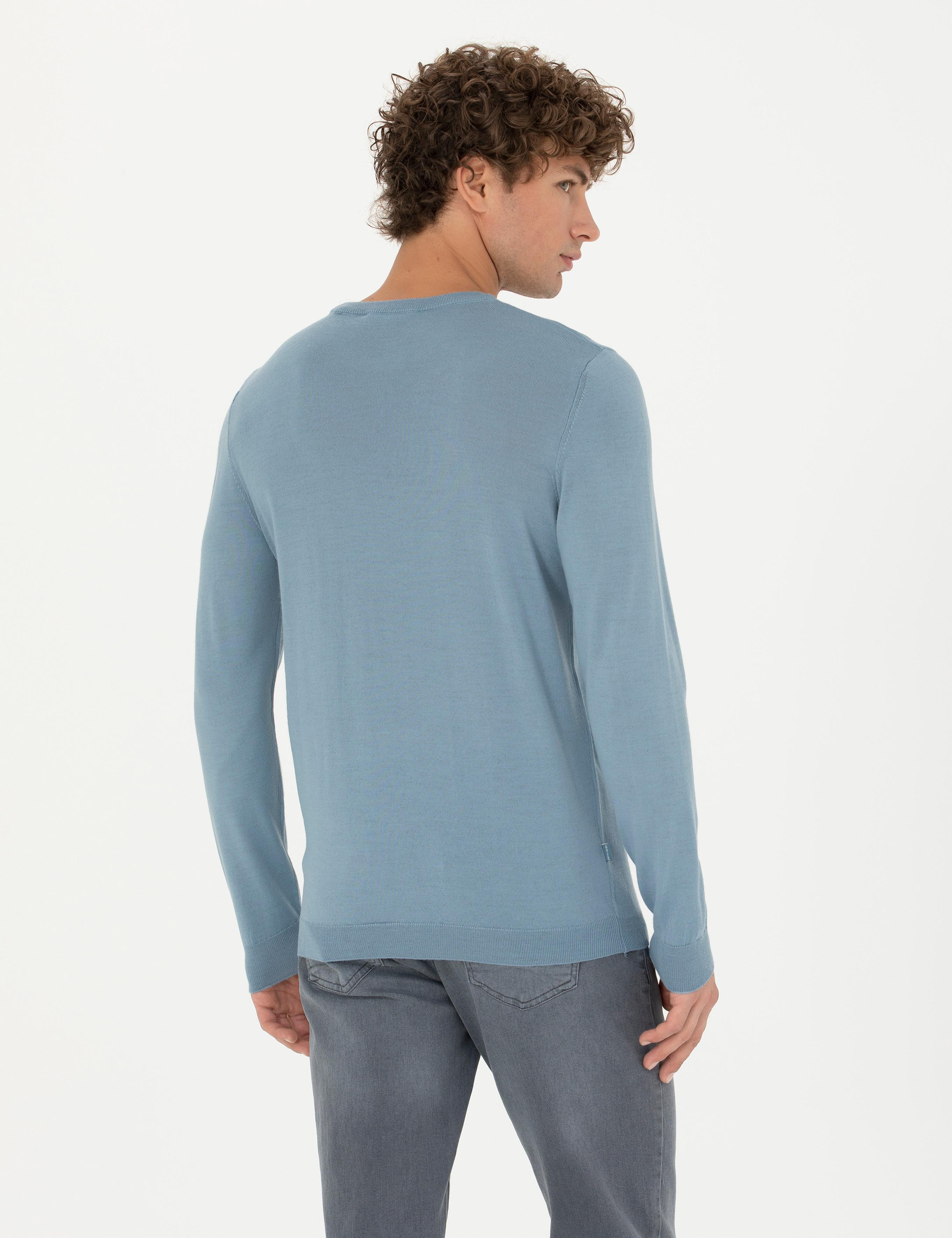 Koyu Mavi Slim Fit Bisiklet Yaka Yün Karışımlı Triko Kazak