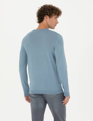 Koyu Mavi Slim Fit Bisiklet Yaka Yün Karışımlı Triko Kazak