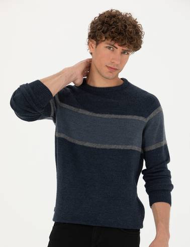 Lacivert Slim Fit Bisiklet Yaka Triko Kazak