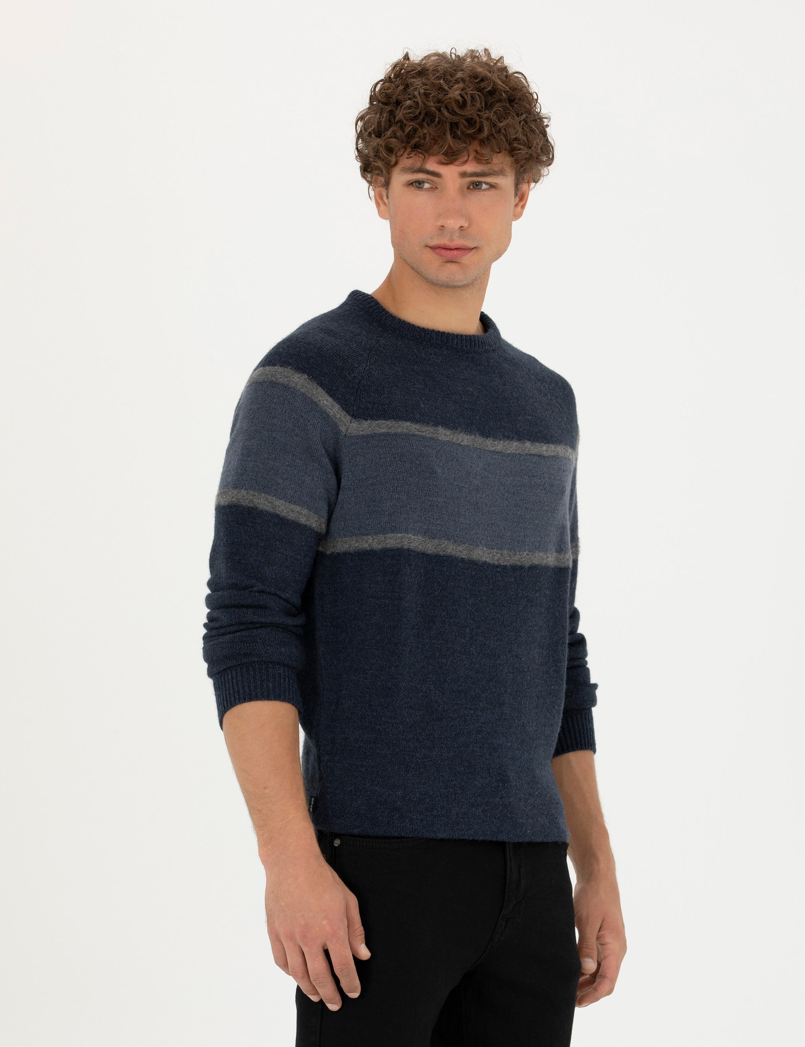 Lacivert Slim Fit Bisiklet Yaka Triko Kazak