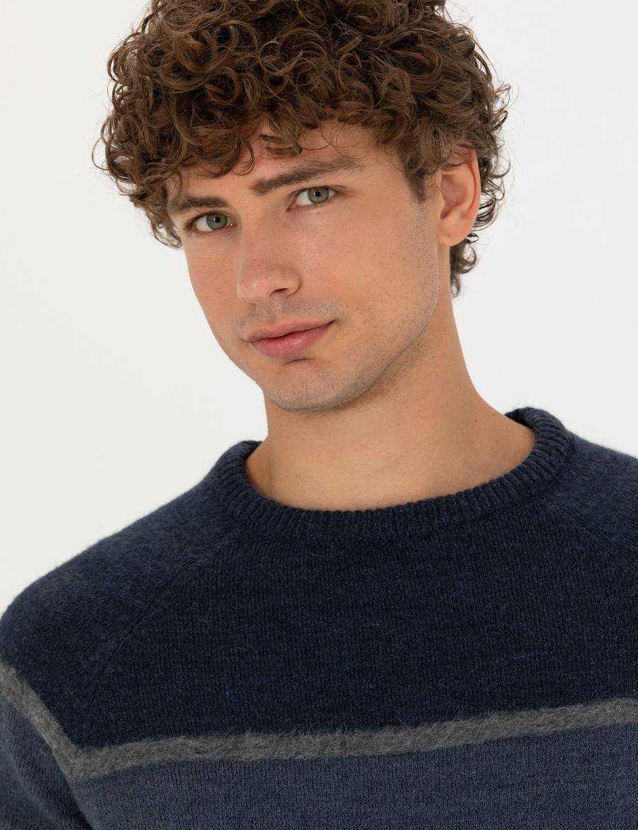 Lacivert Slim Fit Bisiklet Yaka Triko Kazak