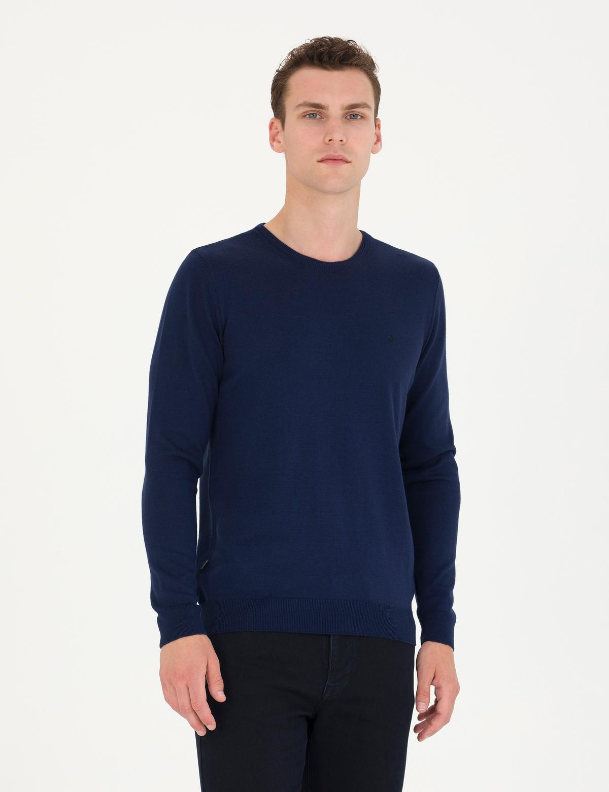 Açık Lacivert Slim Fit Bisiklet Yaka Basic Triko Kazak