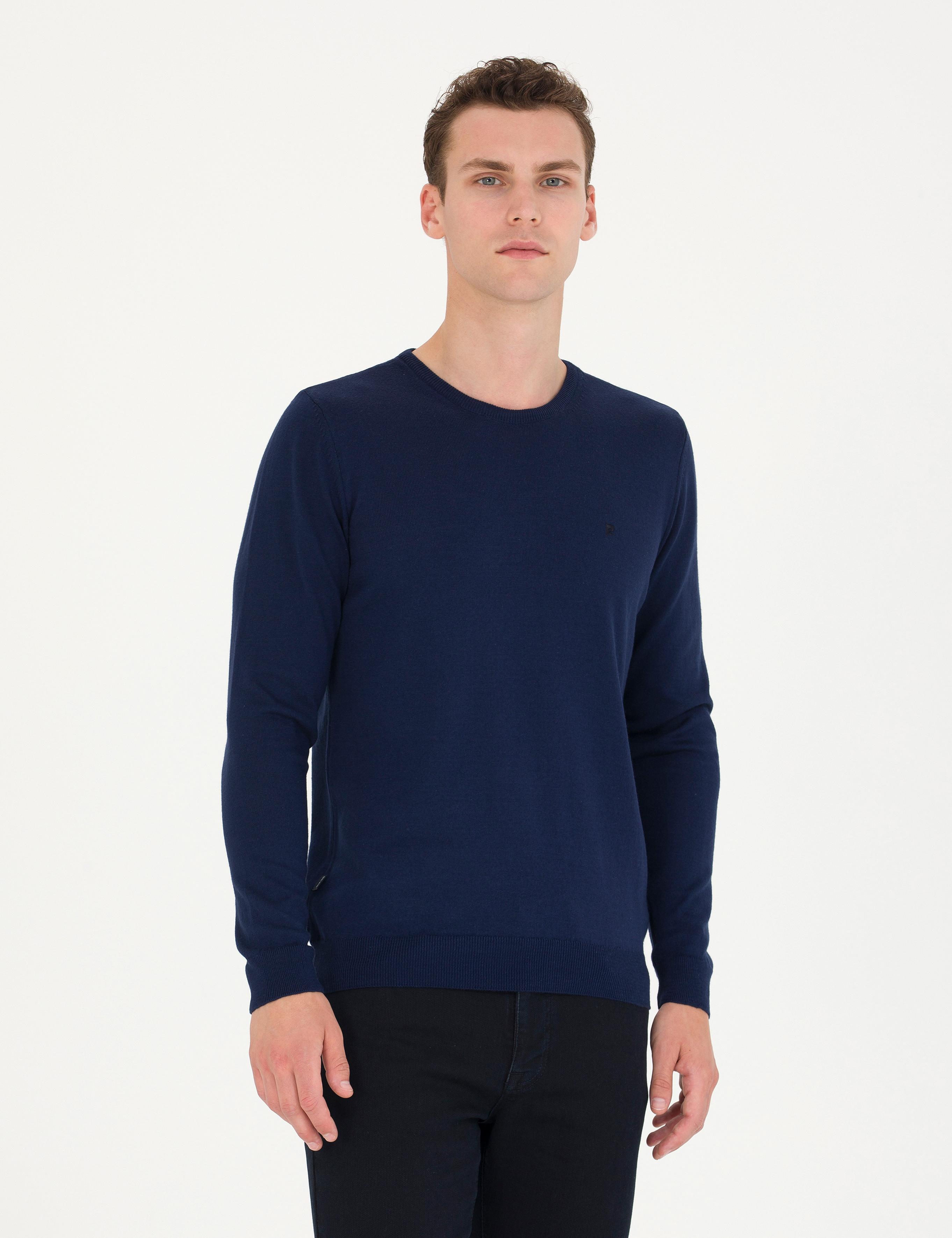 Açık Lacivert Slim Fit Bisiklet Yaka Basic Triko Kazak