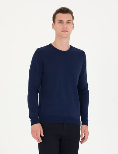 Açık Lacivert Slim Fit Bisiklet Yaka Basic Triko Kazak
