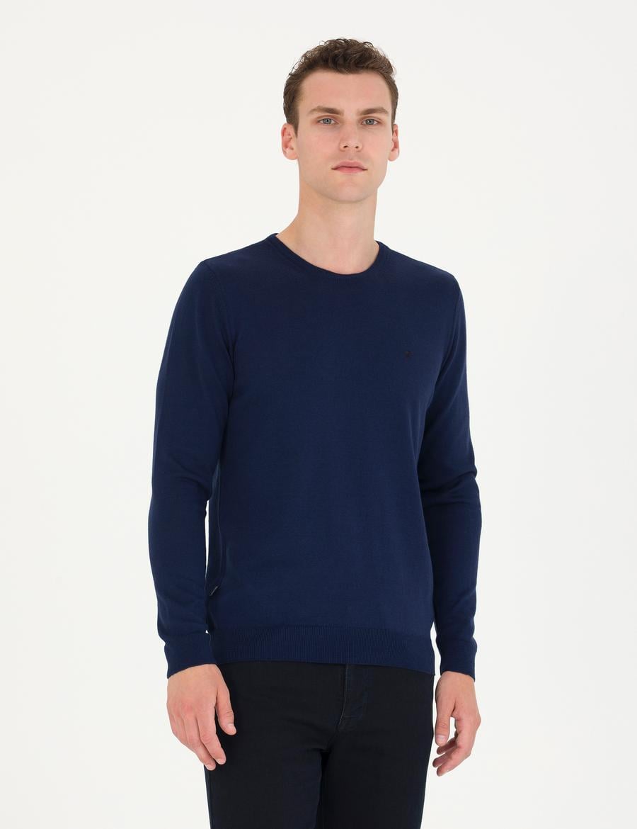 Açık Lacivert Slim Fit Bisiklet Yaka Basic Triko Kazak